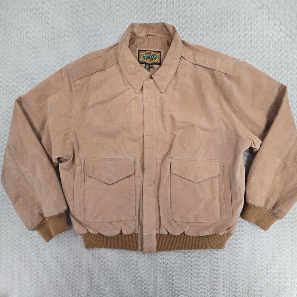 Vintage G-III Jacket Coat Mens XL Beige Leather Bomber Global Identity Pockets